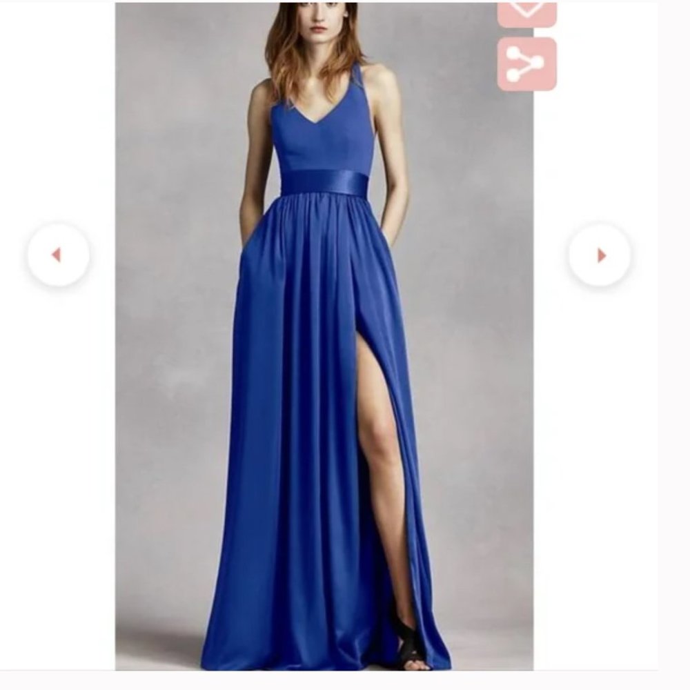 White by Vera Wang V Neck Halter Gown With Sash Horizon Blue Women's Size 8